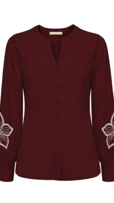 Triple Nine Blouse flower embroidery on sleeves Burgundy