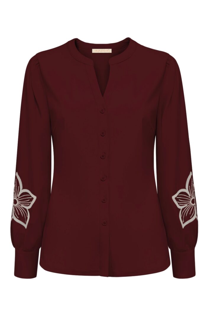 Triple Nine Blouse flower embroidery on sleeves Burgundy