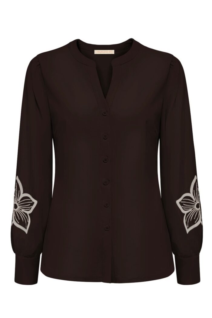 Triple Nine Blouse flower embroidery on sleeves Brown