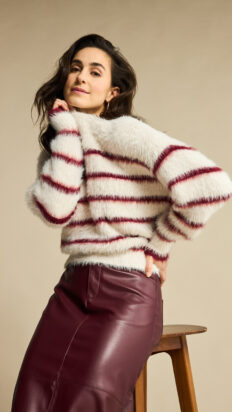 Red Button Fuzzy sweater strip ruby