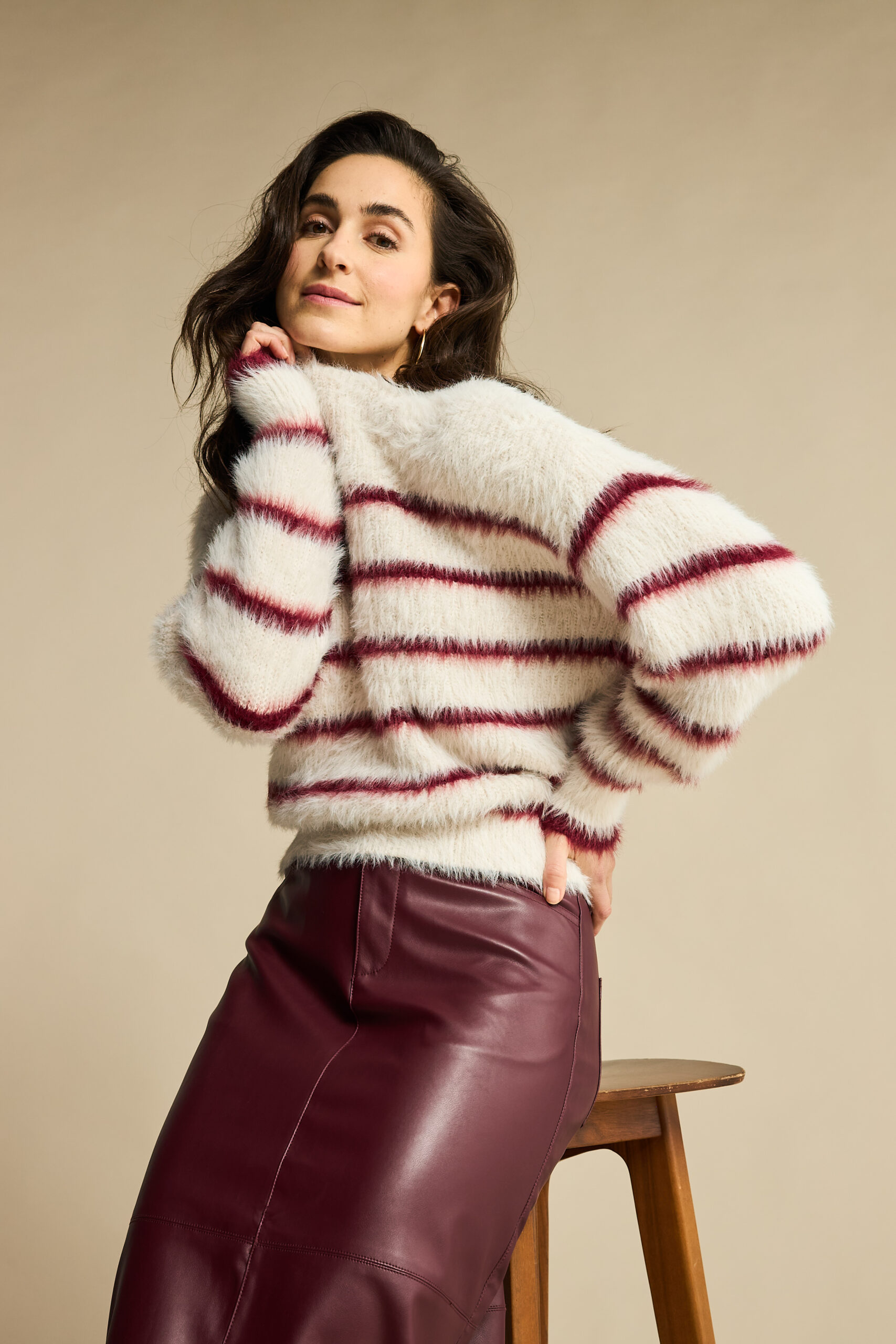 Red Button Fuzzy sweater strip ruby