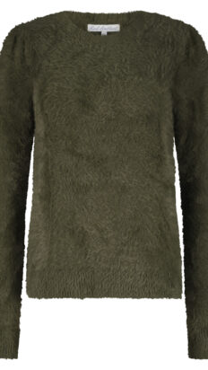 Red Button Fuzzy puff sleeve olive