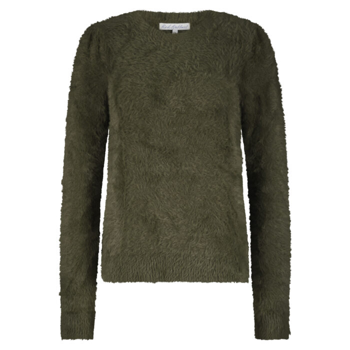 Red Button Fuzzy puff sleeve olive