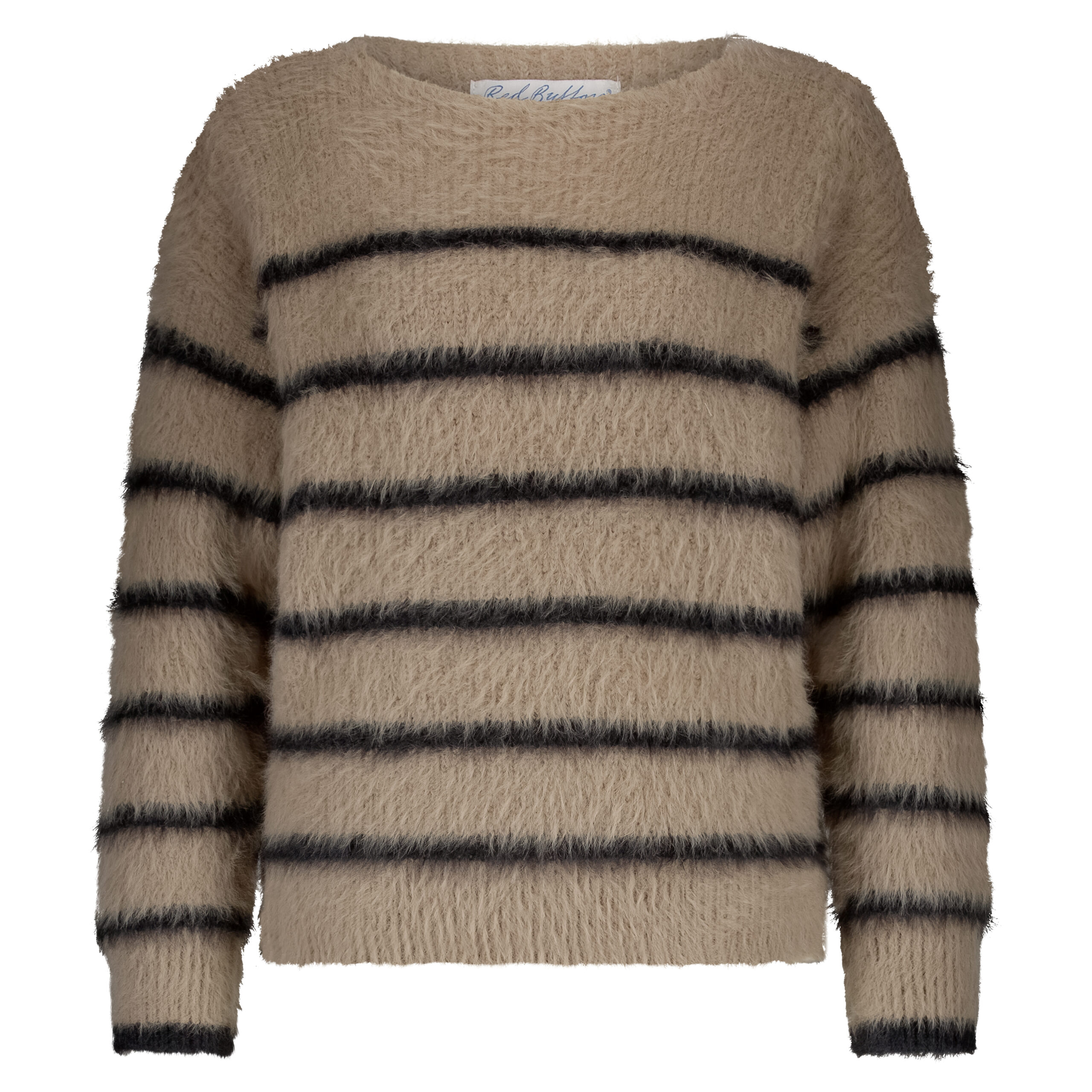 Red Button Fuzzy sweater stripe latte black