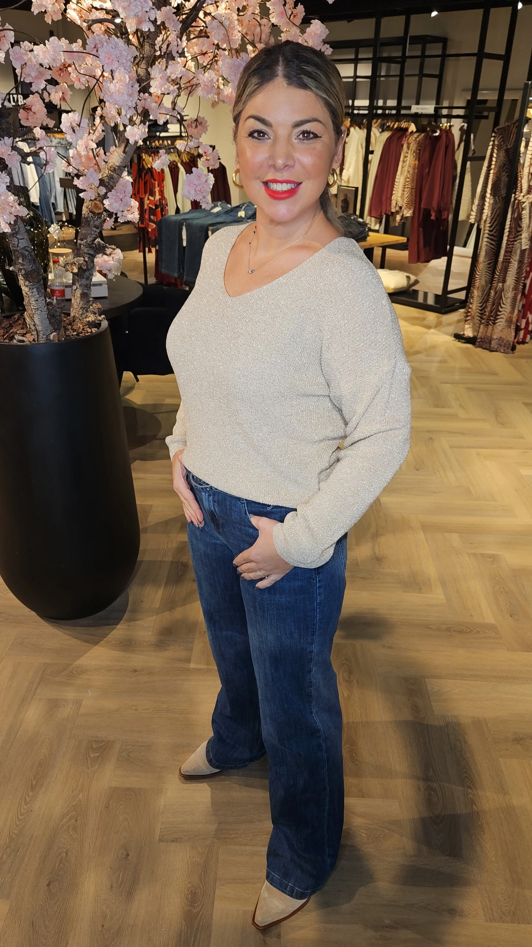 Senorita glitter top met vhals beige