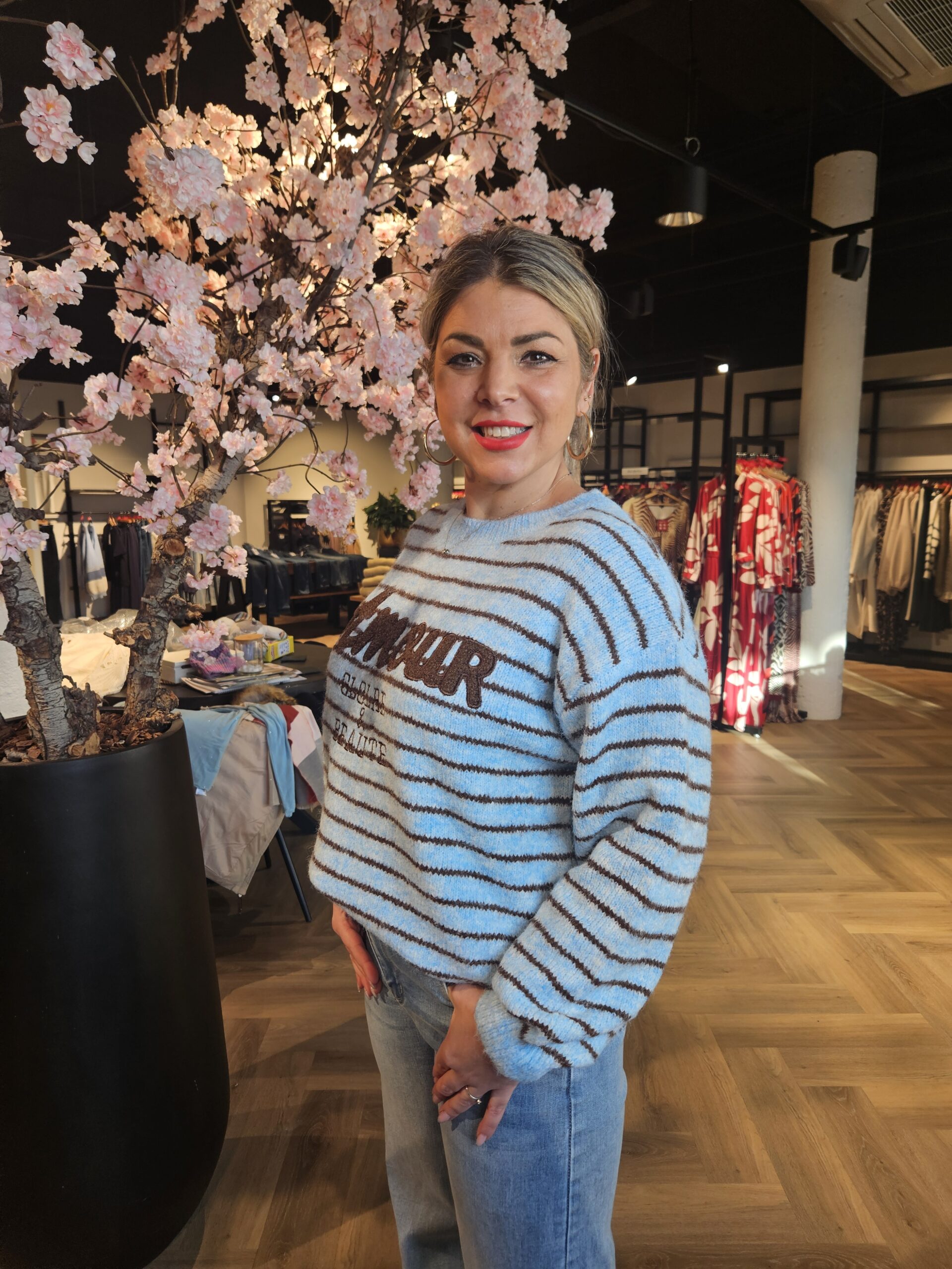 Amour trui met streep blauw-bruin